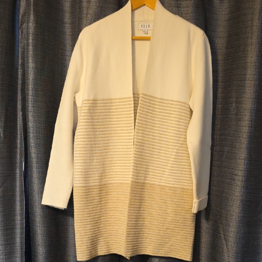 Elle Women's Stylish Cream and Tan Striped Open Front Heavy Knit Cardigan